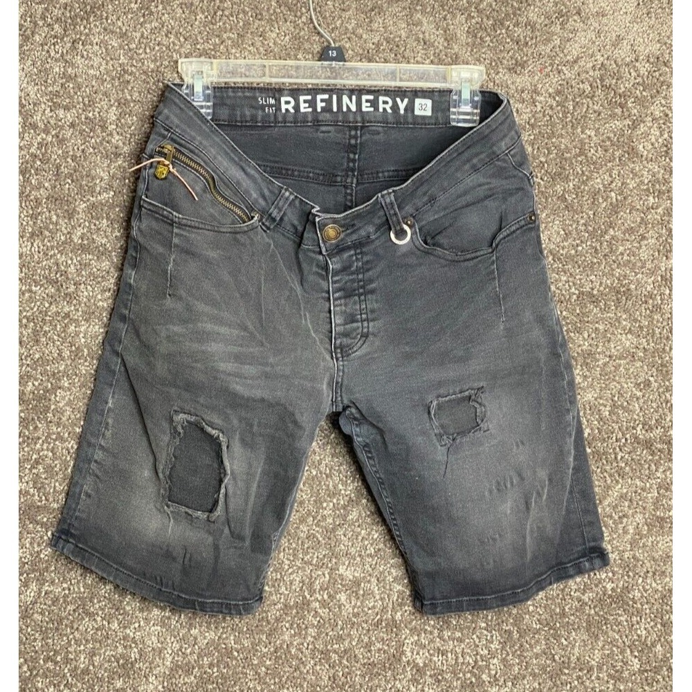 Refinery Mens Slim Fit Distressed Denim Shorts Faded Black Gray Sz 32 Button Fly